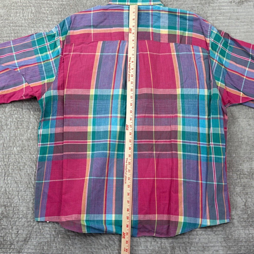 Vintage Lands End Mens XXL Madras Plaid Short Sleeve Button Down Shirt Pink USA - Picture 5 of 7